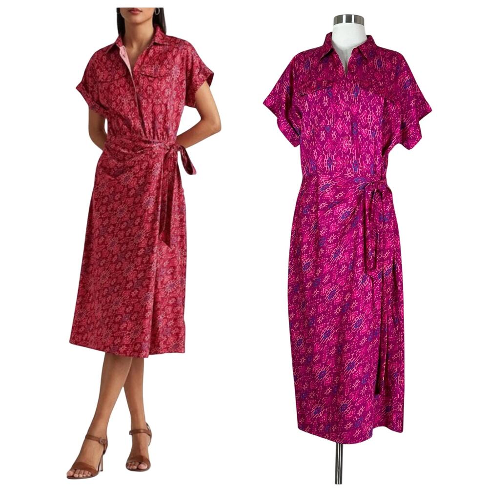 Lauren Ralph Lauren | Fuchsia Geo-Print Shantung Tie Waist Collar Midi Dress 12